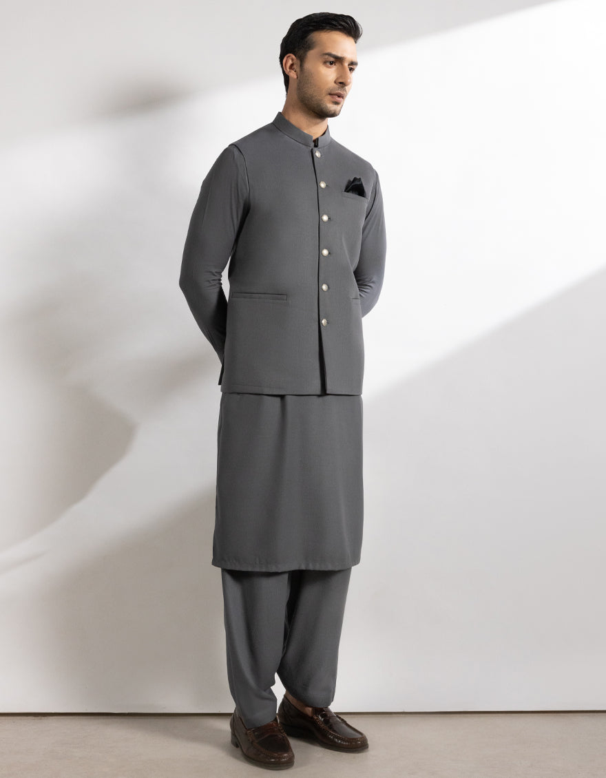 Suiting Steel Grey Waist Coat - J. Junaid Jamshed