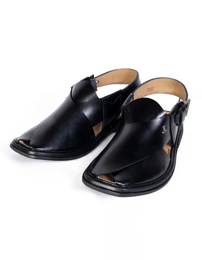 Plain Black Peshawari Chappal - J. Junaid Jamshed