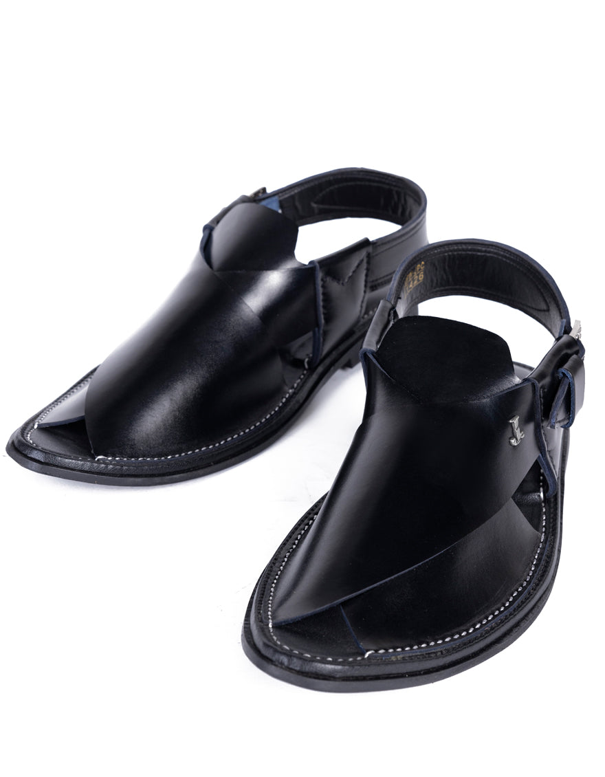 Plain Black Peshawari Chappal - J. Junaid Jamshed