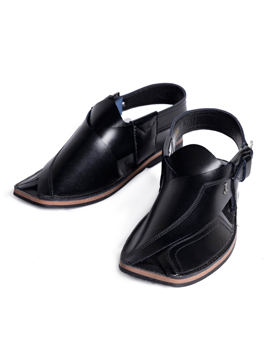 Plain Black Peshawari Chappal - J. Junaid Jamshed