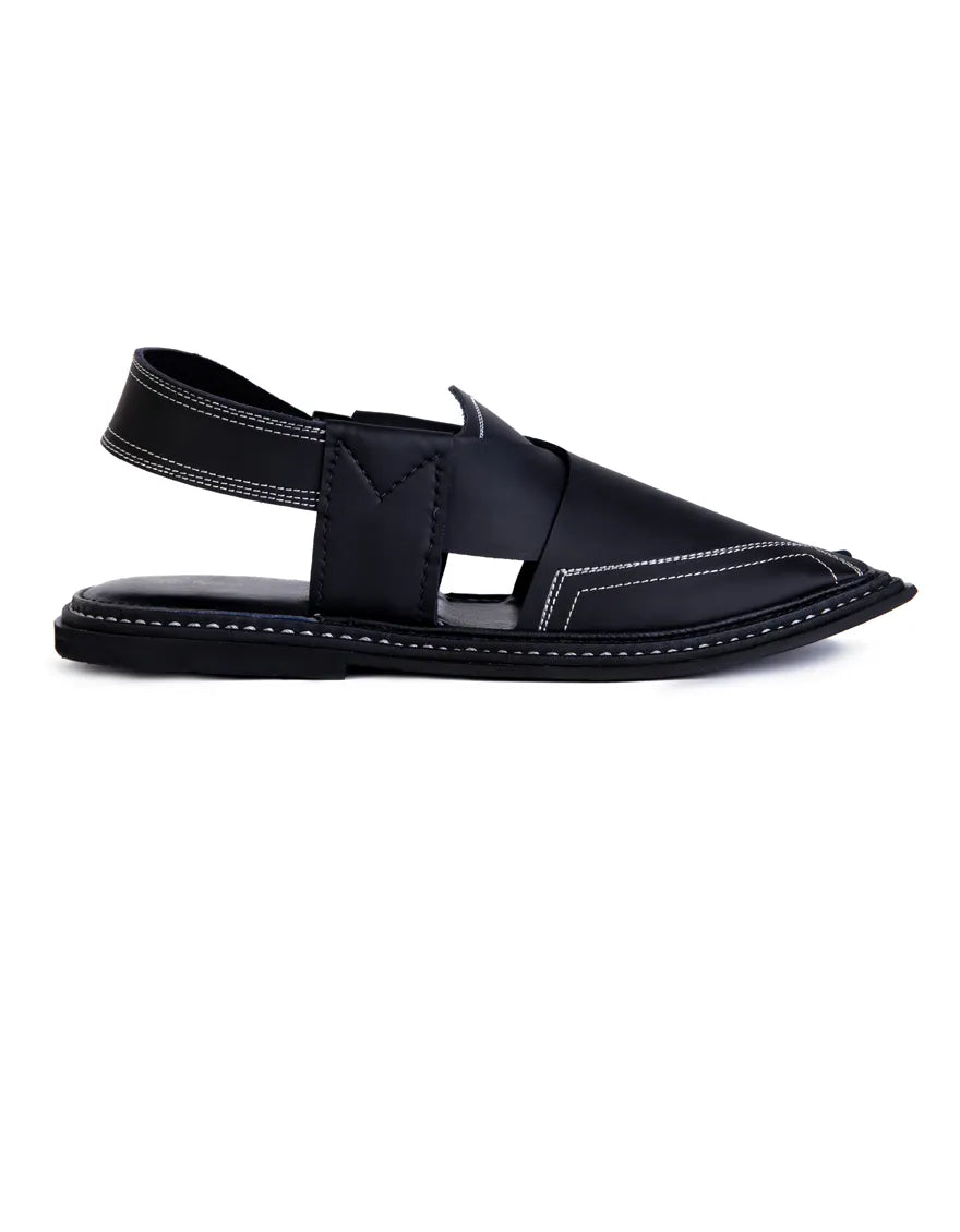 Plain Black Peshawari Chappal - J. Junaid Jamshed