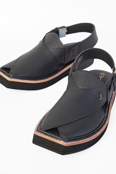 Plain Black Peshawari Chappal - J. Junaid Jamshed