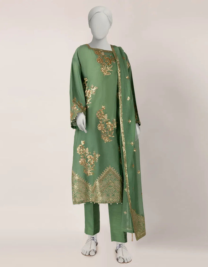 Cotton Net Green Stitched Suit - J. Junaid Jamshed
