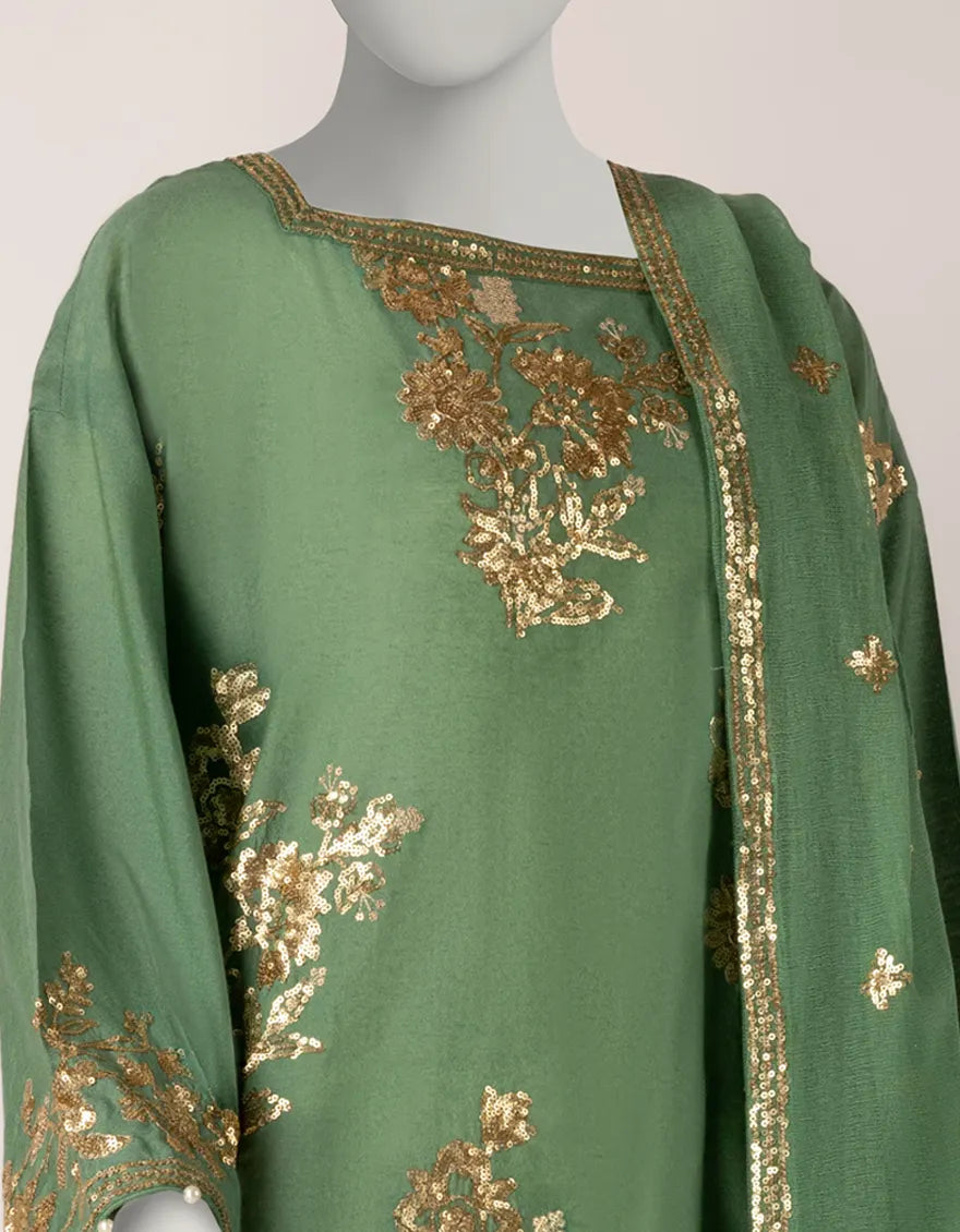 Cotton Net Green Stitched Suit - J. Junaid Jamshed
