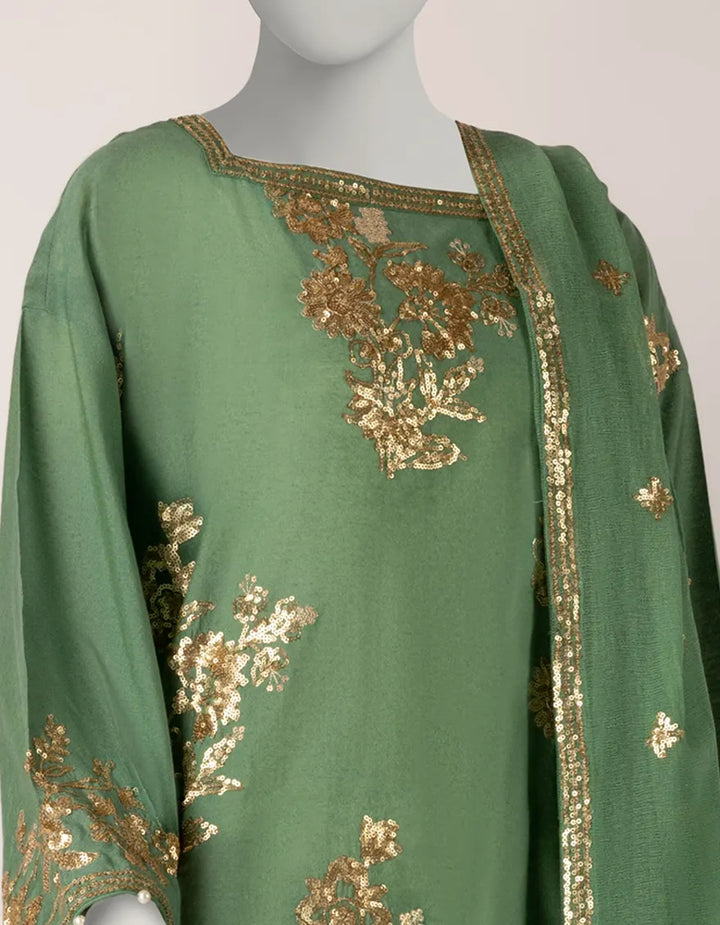 Cotton Net Green Stitched Suit - J. Junaid Jamshed