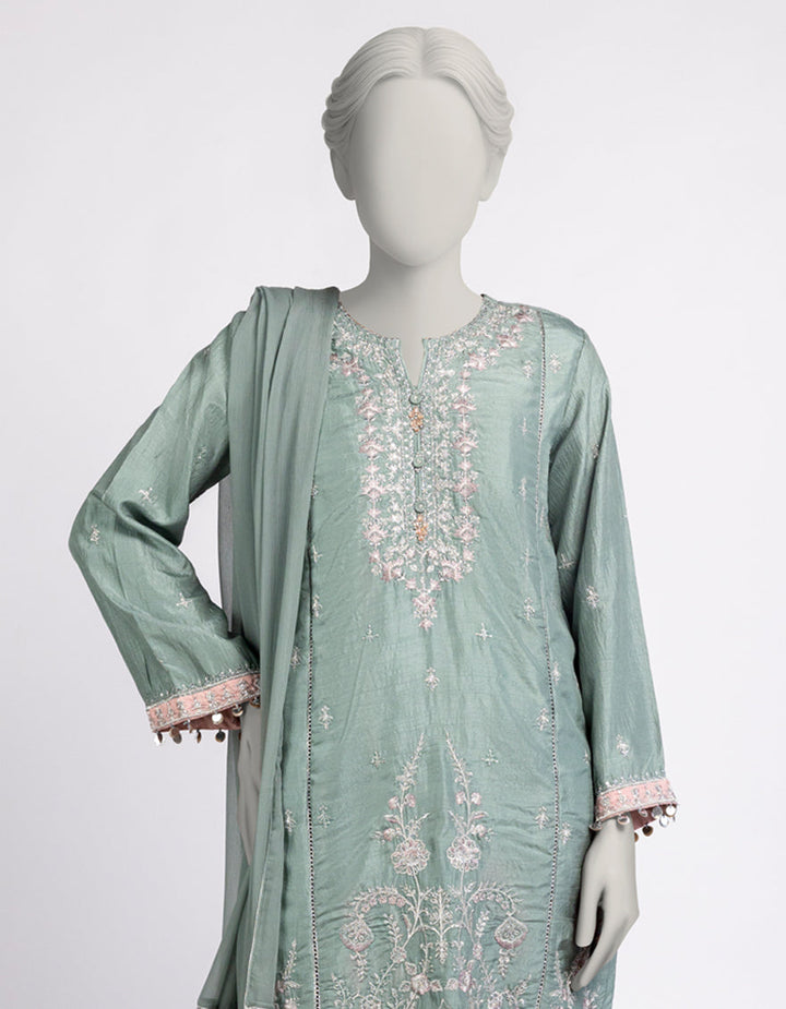 Raw Silk Green Stitched Suit - J. Junaid Jamshed