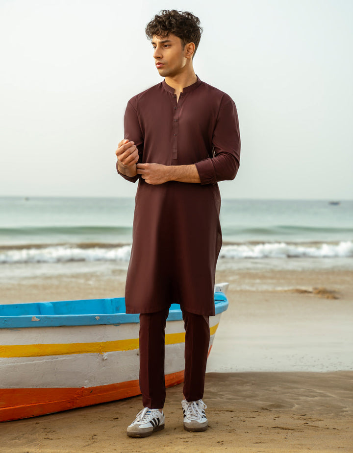 Cotton Maroon Kurta Trouser - J. Junaid Jamshed