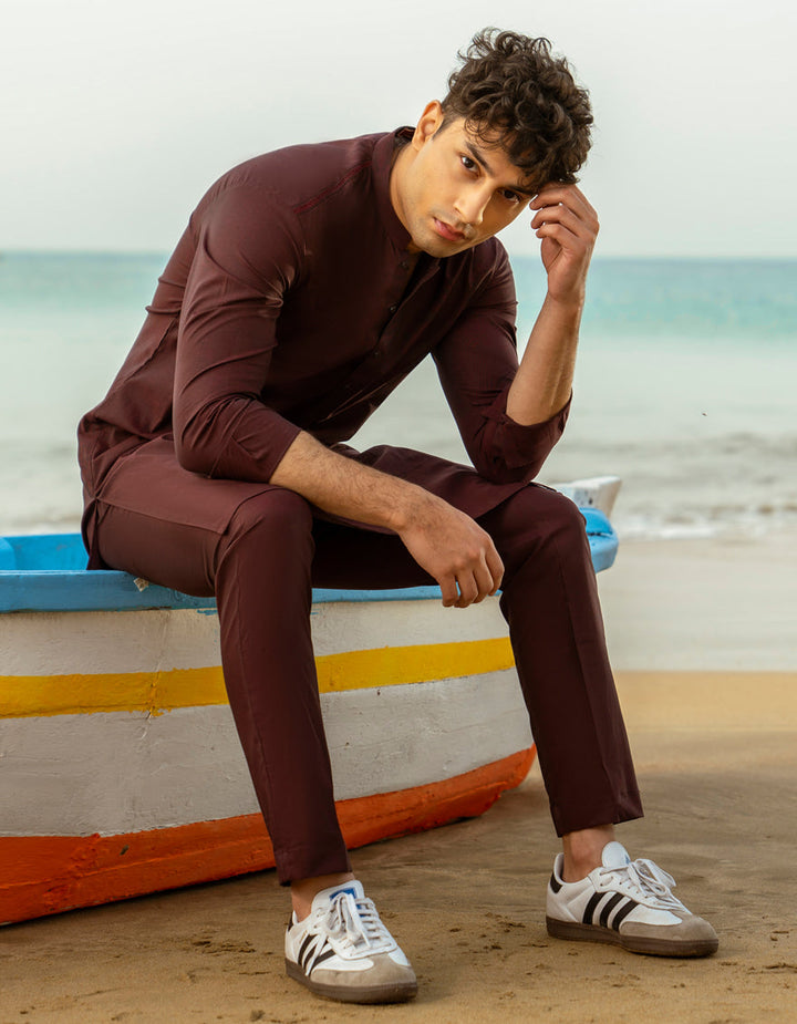 Cotton Maroon Kurta Trouser - J. Junaid Jamshed