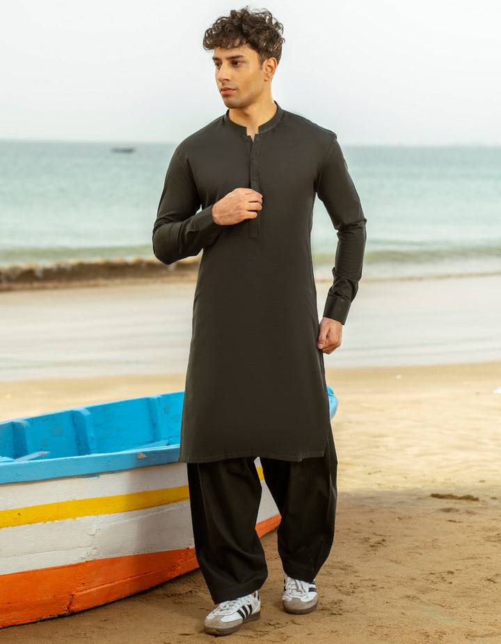 Cotton Forest Green Kurta Trouser - J. Junaid Jamshed
