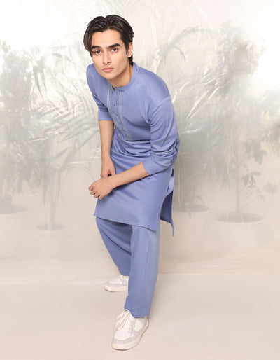 Blended Sky Blue Kameez Shalwar - J. Junaid Jamshed