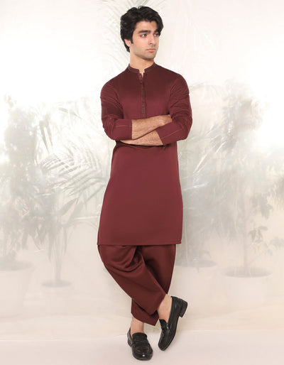 Blended Maroon Kameez Shalwar - J. Junaid Jamshed