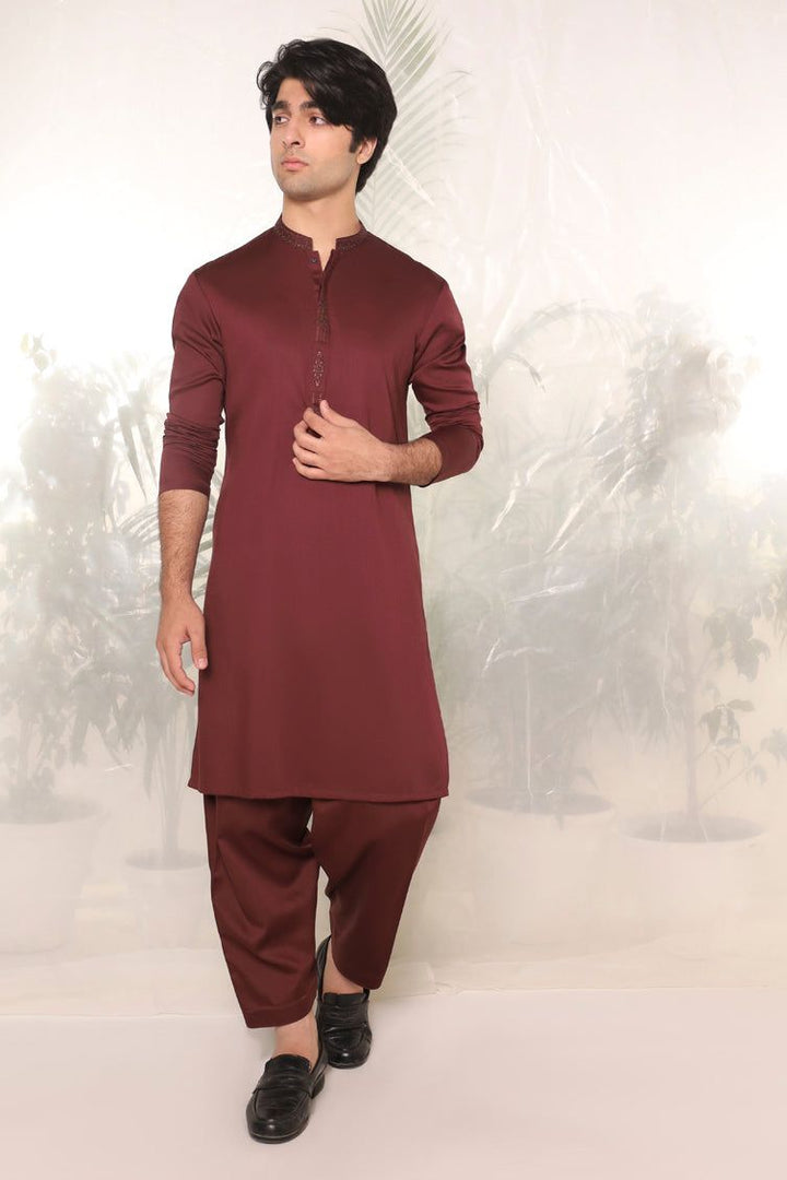 Blended Maroon Kameez Shalwar - J. Junaid Jamshed