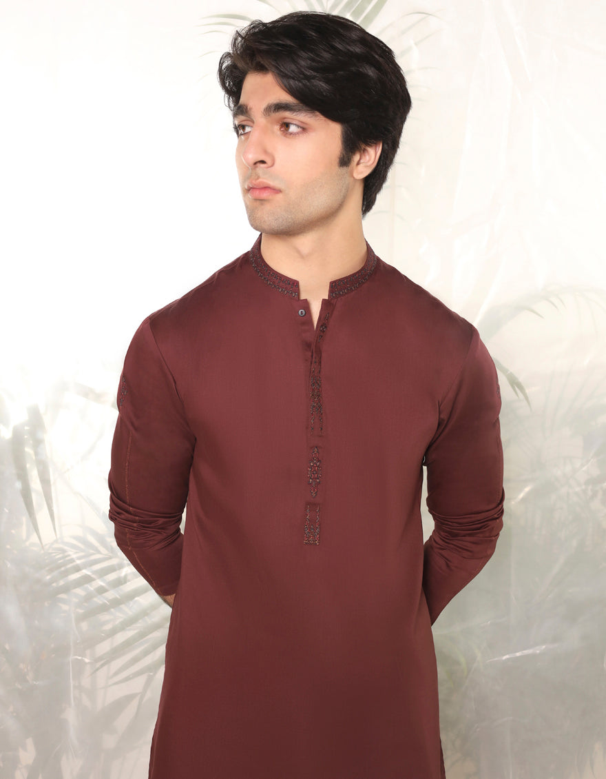 Blended Maroon Kameez Shalwar - J. Junaid Jamshed