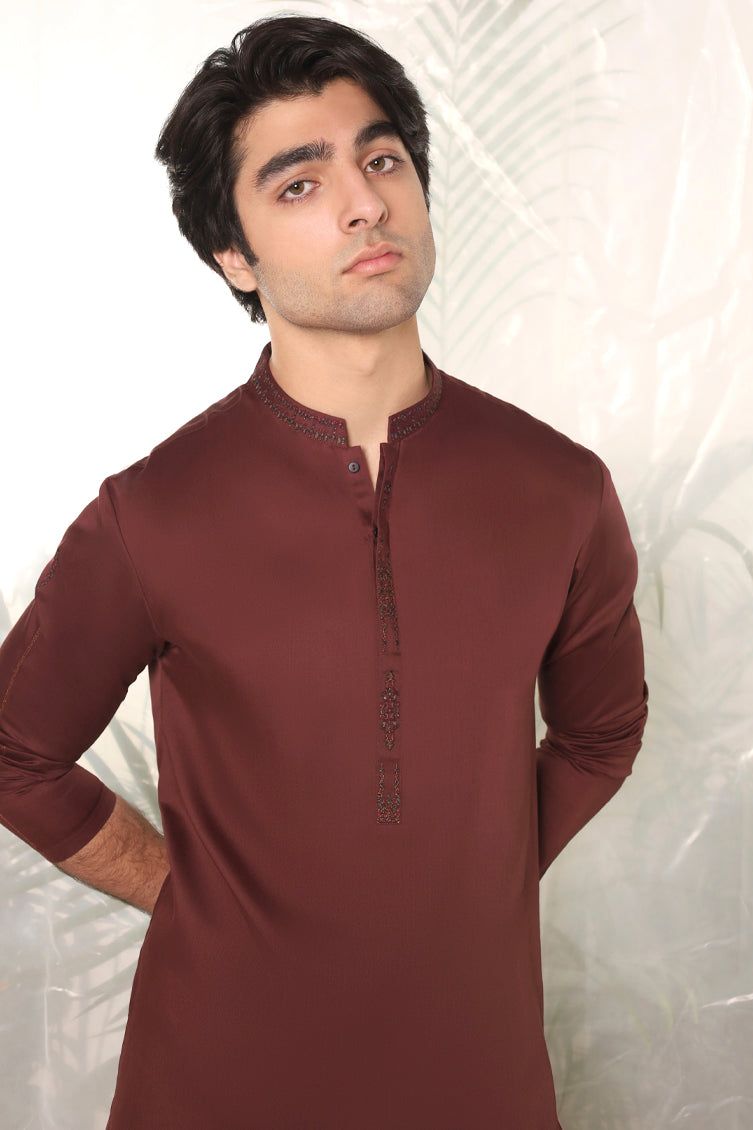 Blended Maroon Kameez Shalwar - J. Junaid Jamshed