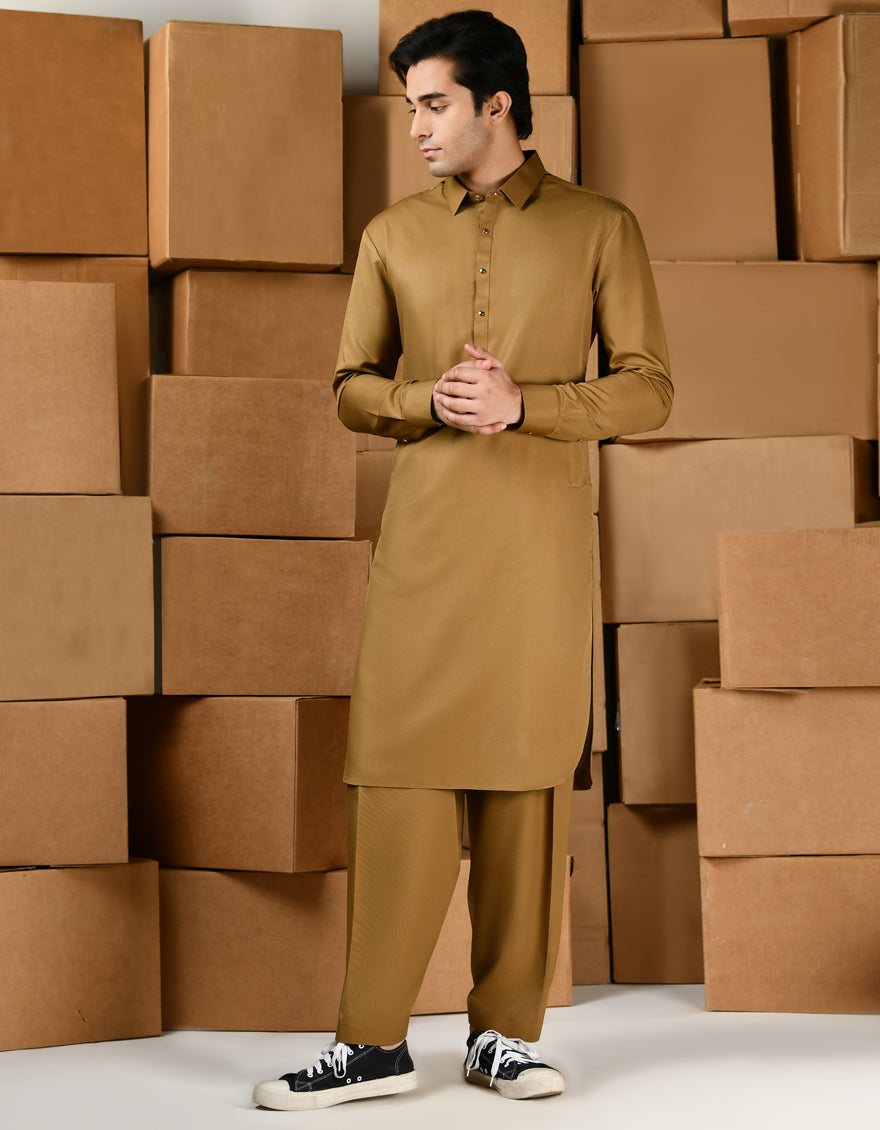 Blended Brown Kameez Shalwar - J. Junaid Jamshed