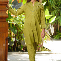 Dobby Cotton Embellished Lime Green Stitched Suit - Ochre