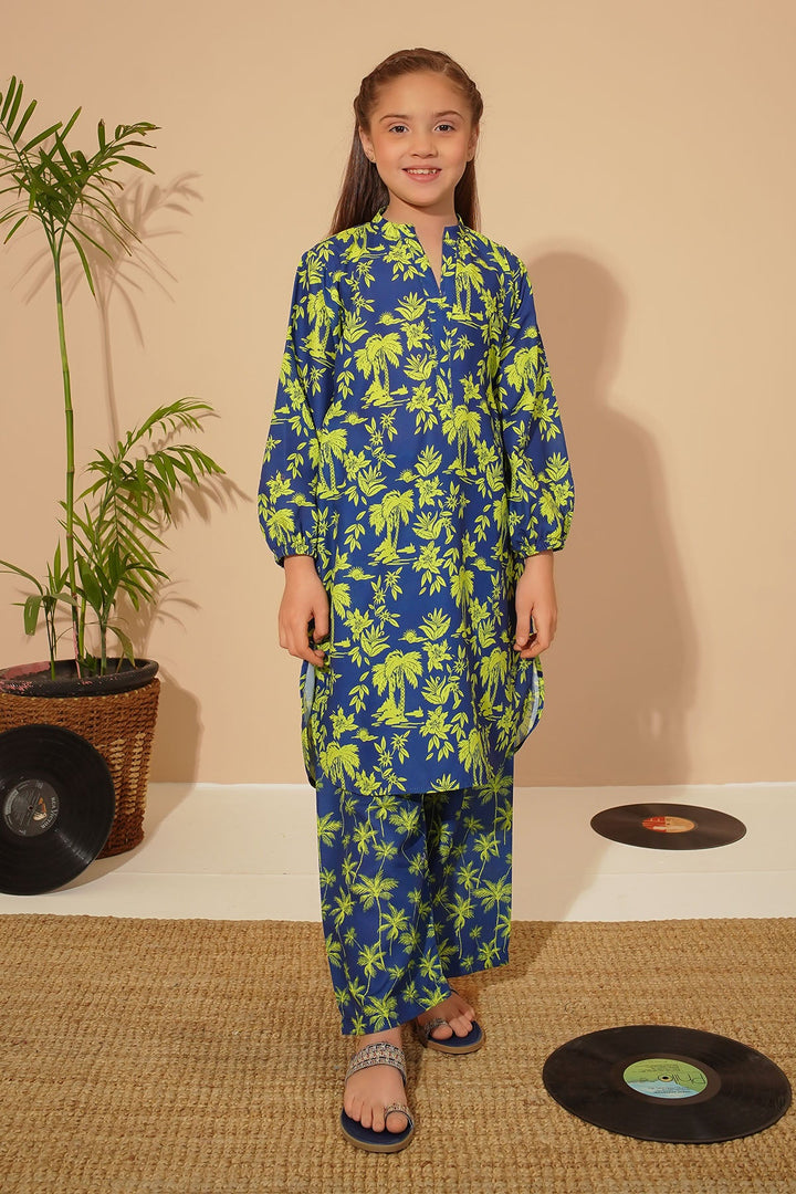 Swiss Lawn Digital Printed Navy Blue Stitched Suit - Ochre