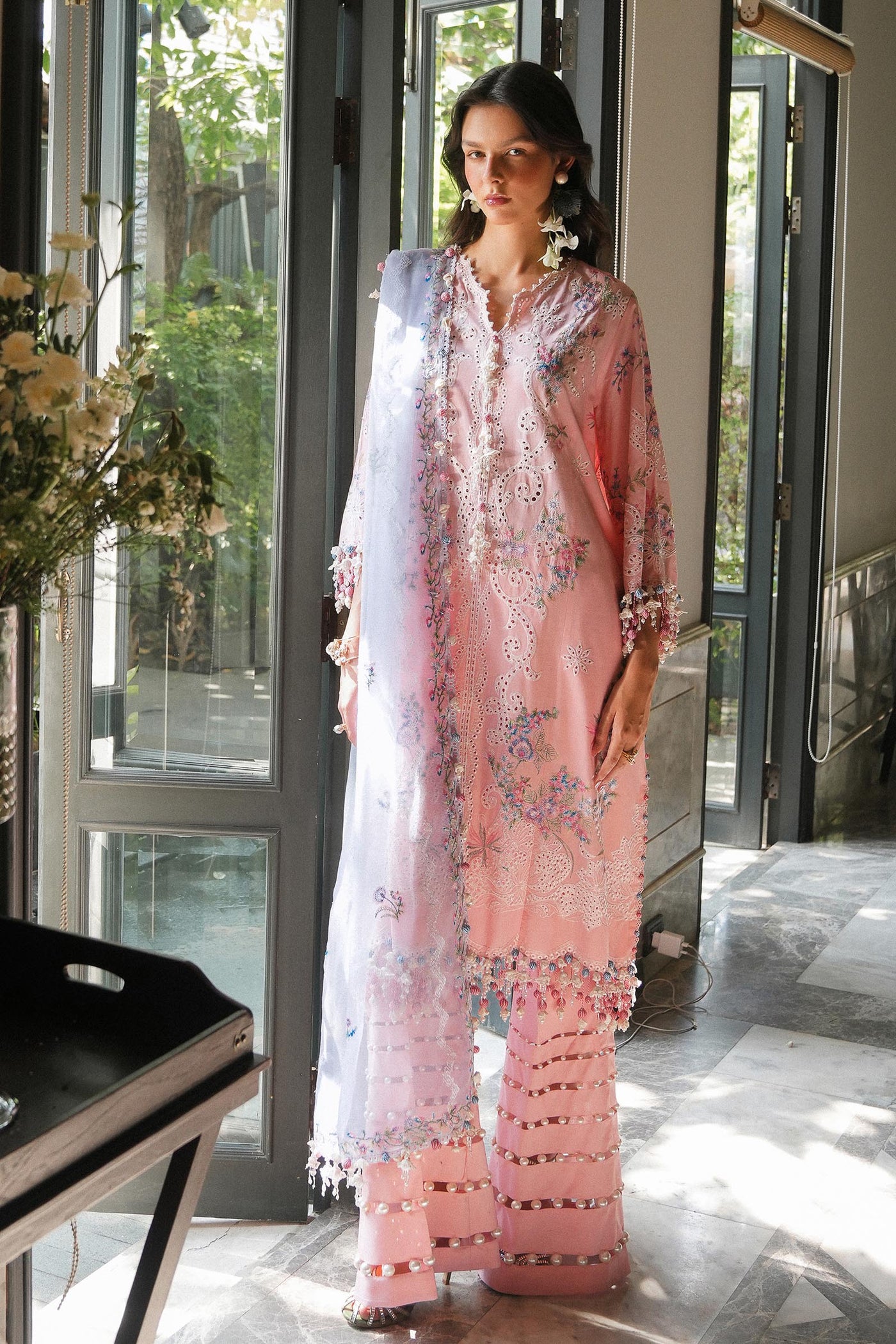 Embroidered Schiffli Lawn Pink Stitched Suit - Sana Safinaz