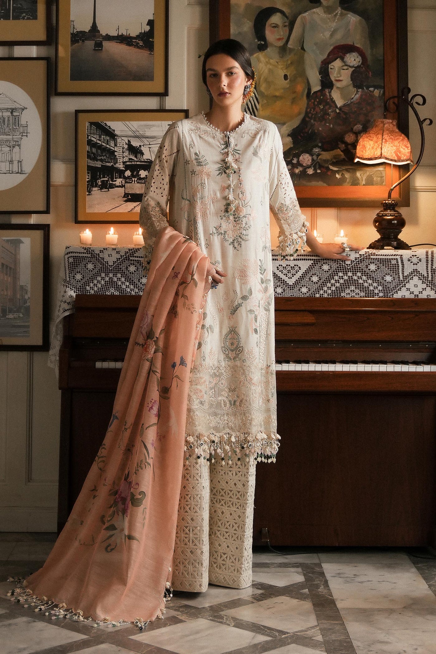 Embroidered Slub Lawn Cream Stitched Suit - Sana Safinaz