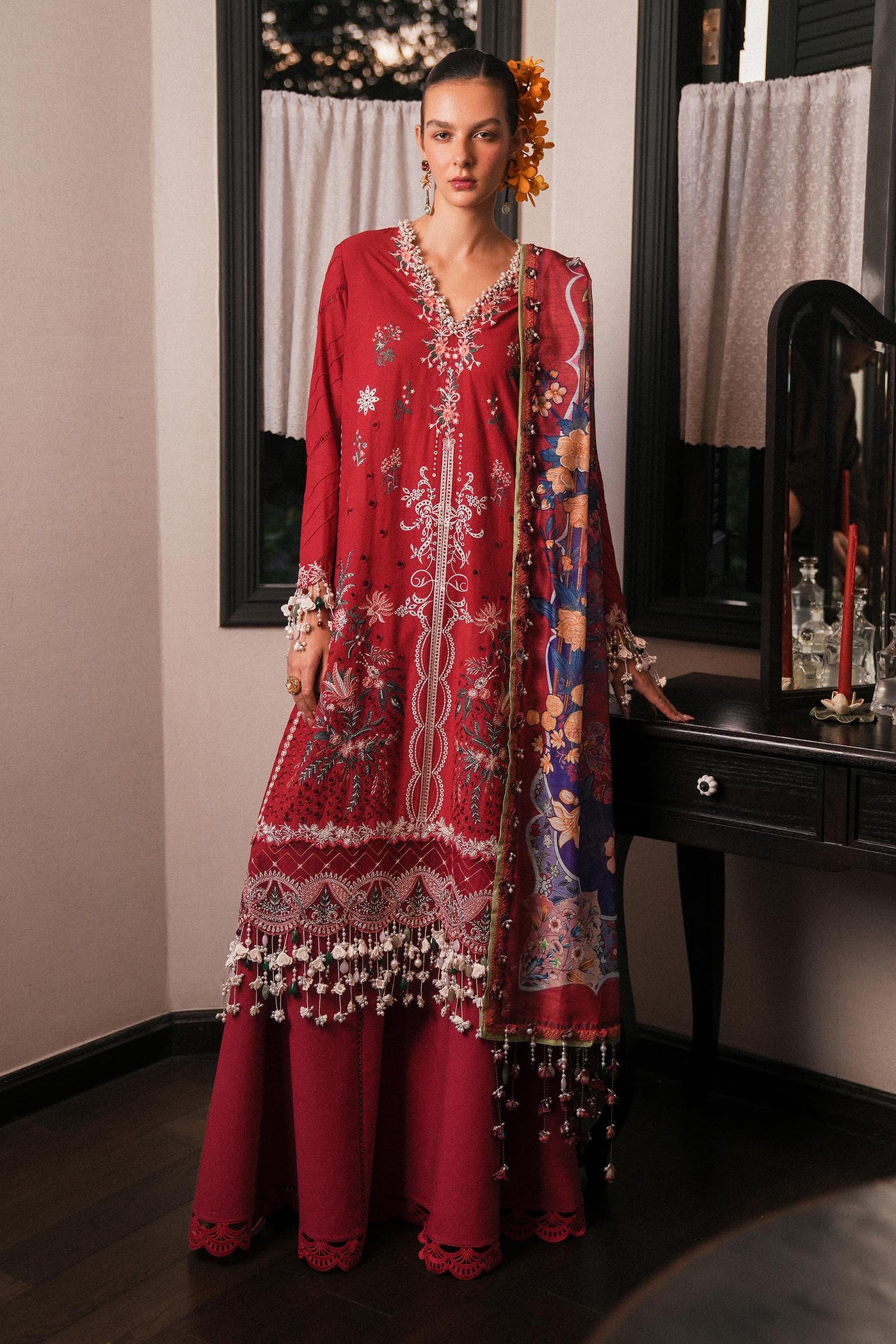 Embroidered Slub Lawn Red Stitched Suit - Sana Safinaz