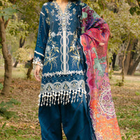 Embroidered Slub Lawn Navy Stitched Suit - Sana Safinaz