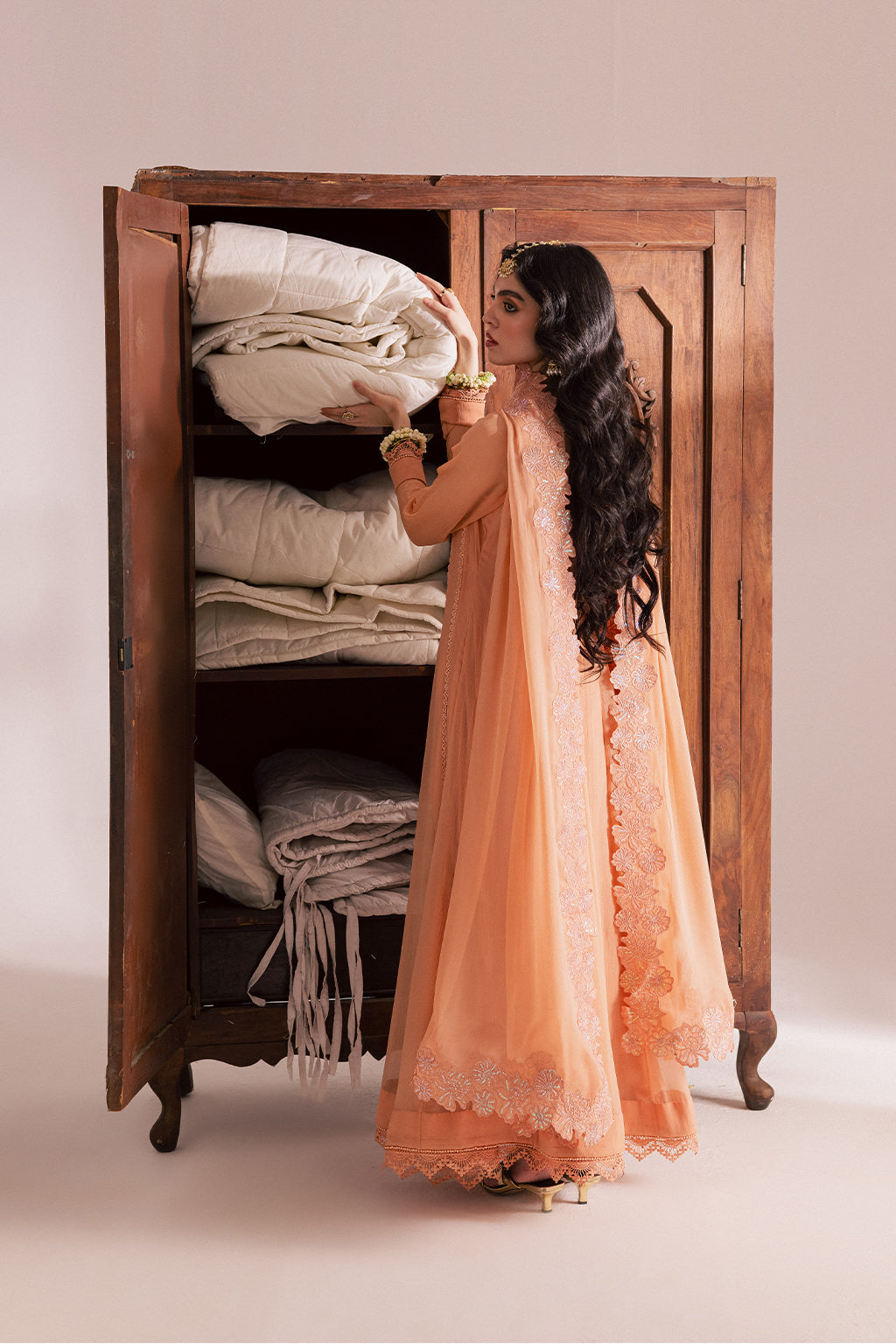 Chiffon & Raw Silk Peach Stitched Suit - Vanya