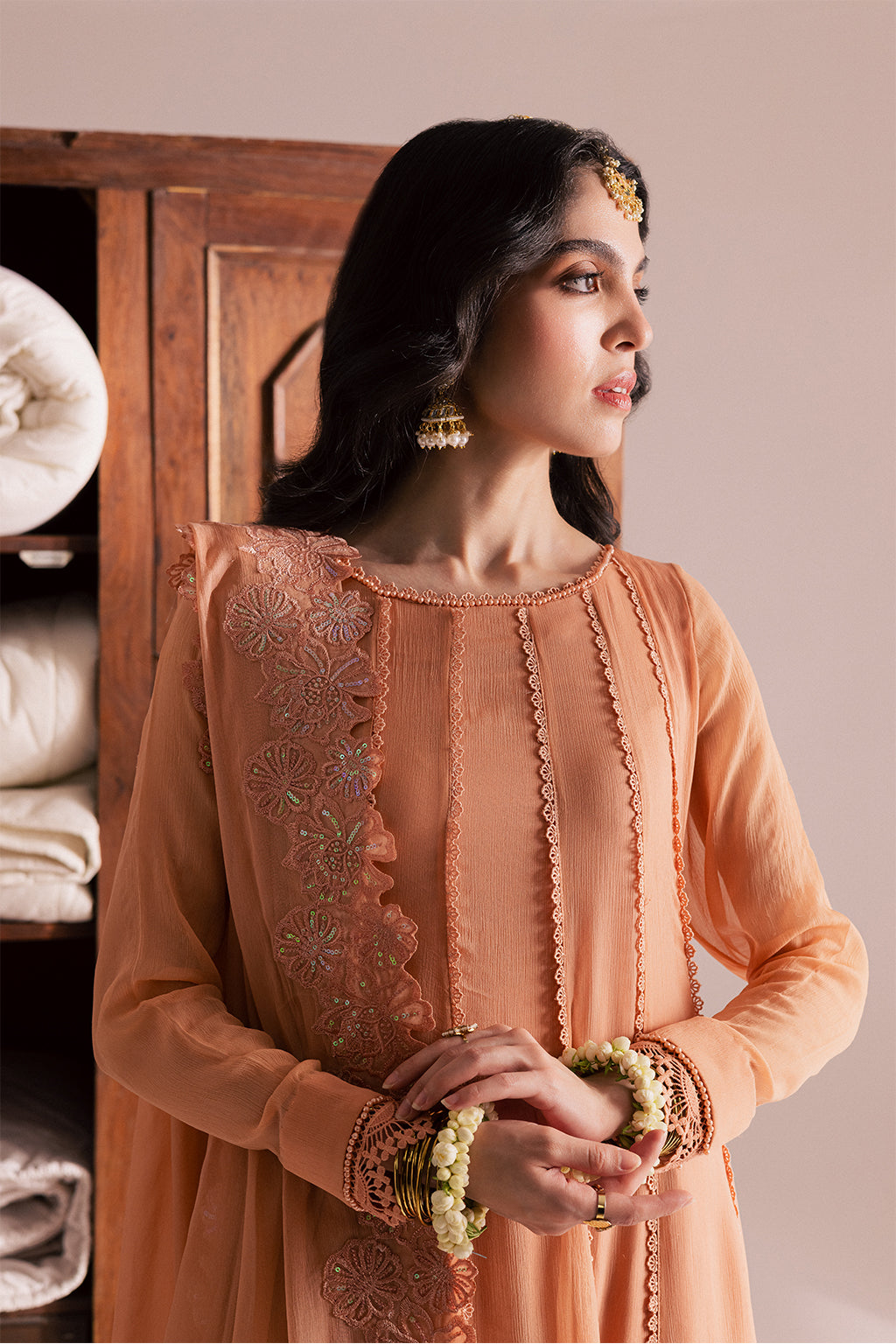 Chiffon & Raw Silk Peach Stitched Suit - Vanya