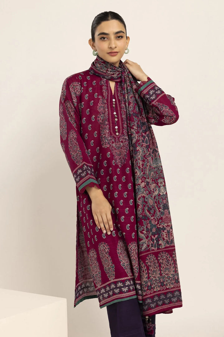 Printed Khaddar Deep Maroon Unstitched Suit - Khaadi