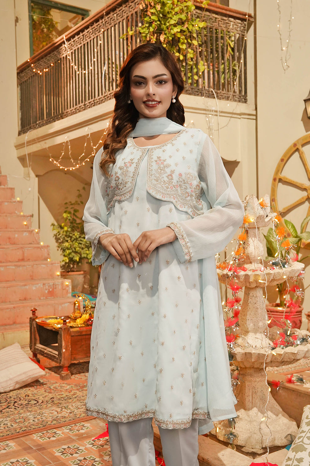 Poly Lawn Digital Printed Blue Stitched Suit - Ochre