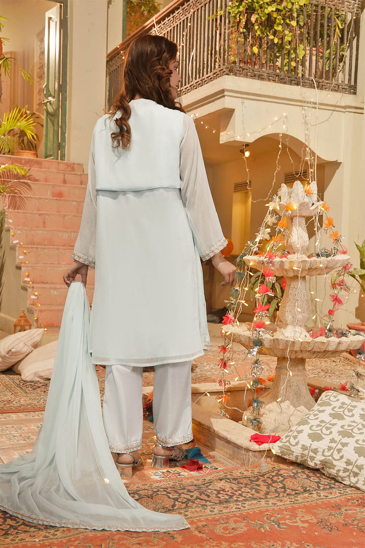 Poly Lawn Digital Printed Blue Stitched Suit - Ochre