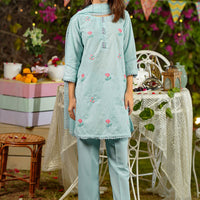 Chikankari Embroidered Blue Stitched Suit - Ochre