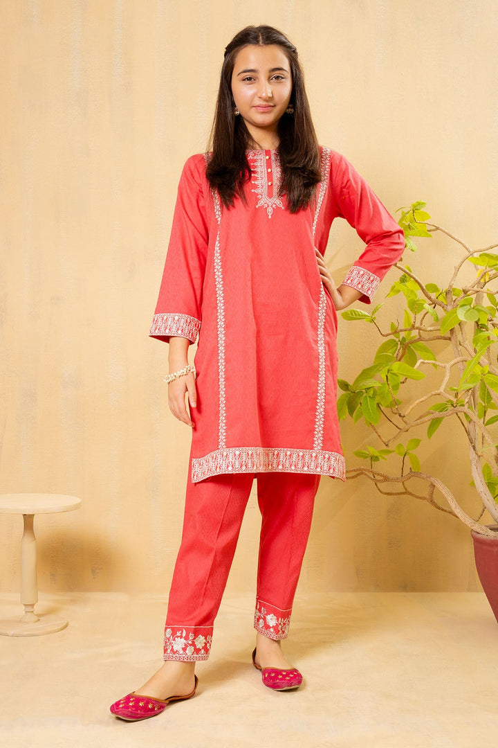 Cotton Embroidered Pink Stitched Suit - Ochre