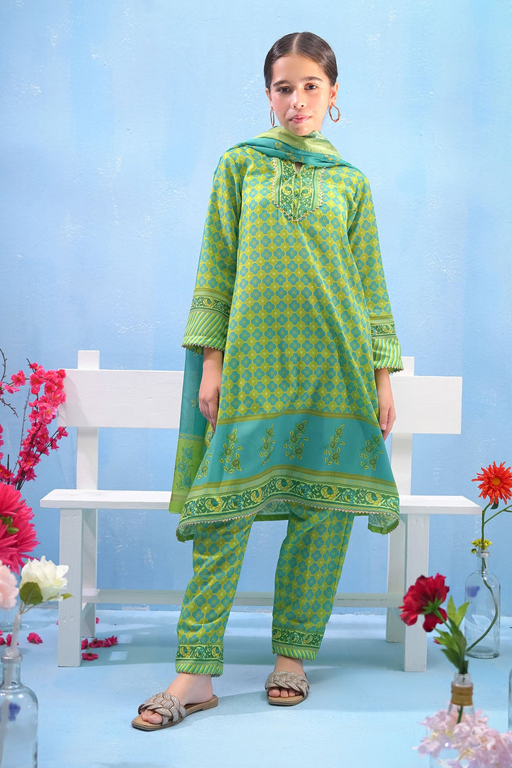 Swiss Lawn Digital Printed Lime Green Stitched Suit - Ochre