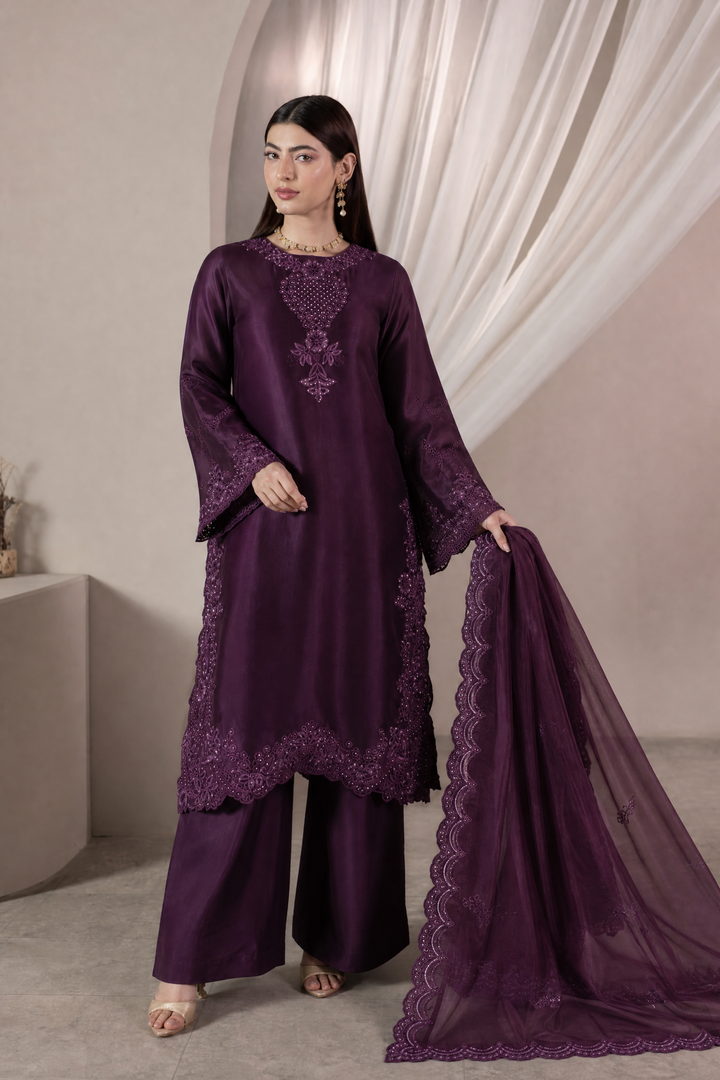 Sheesha Silk Plum Stitched Suit - Khas