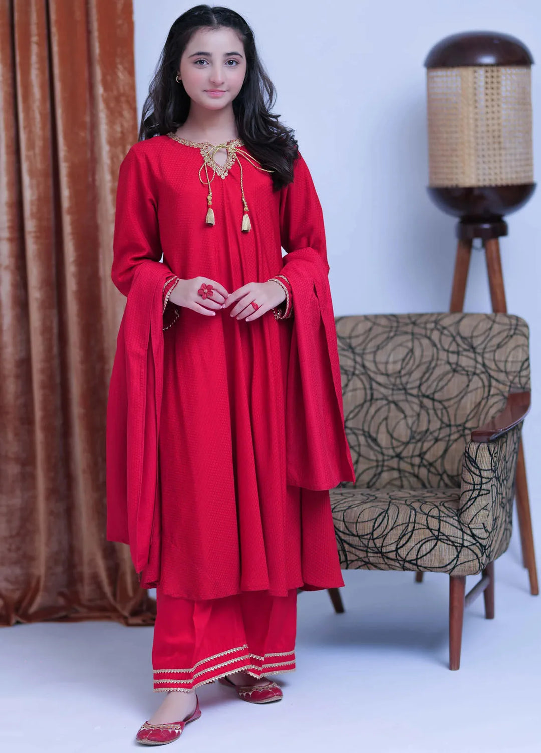 Casual Viscose Gold & Red Stitched Suit - Senorita