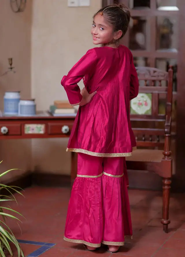 Yarn Shocking Pink &  Gold Stitched Suit - Senorita