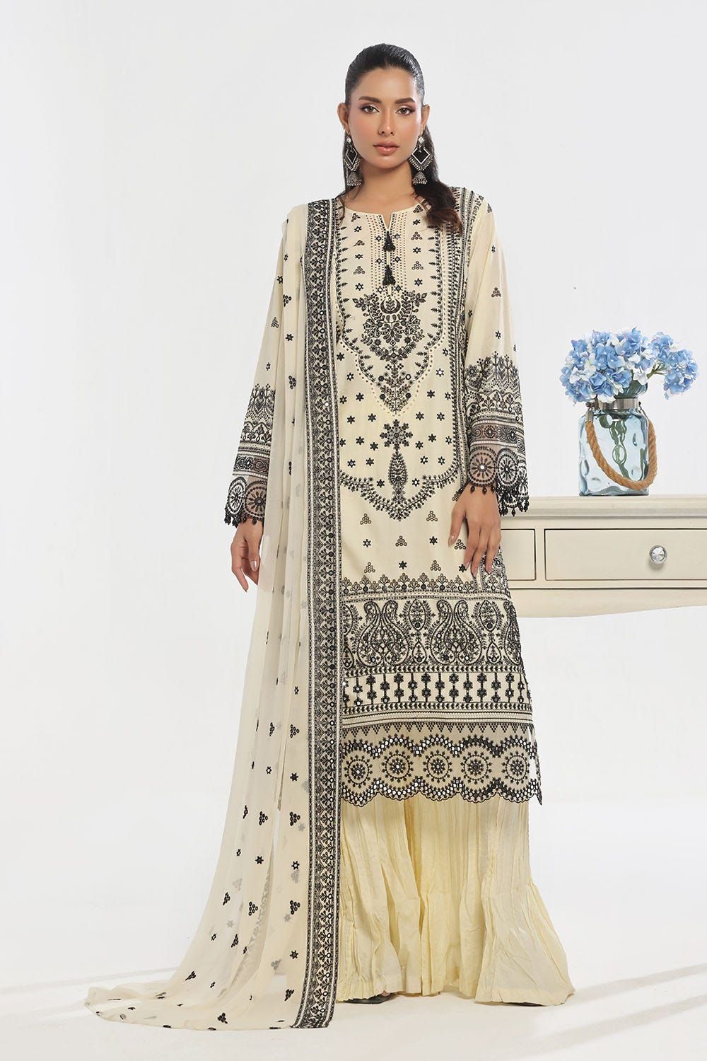 Embroidered Lawn Black & Yellow Unstitched Suit - Gul Ahmed