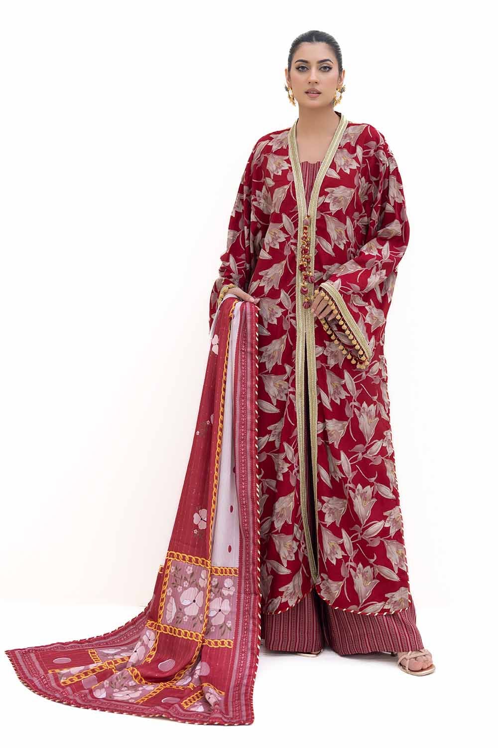 Polyester Red Unstitched Suit - Gul Ahmed