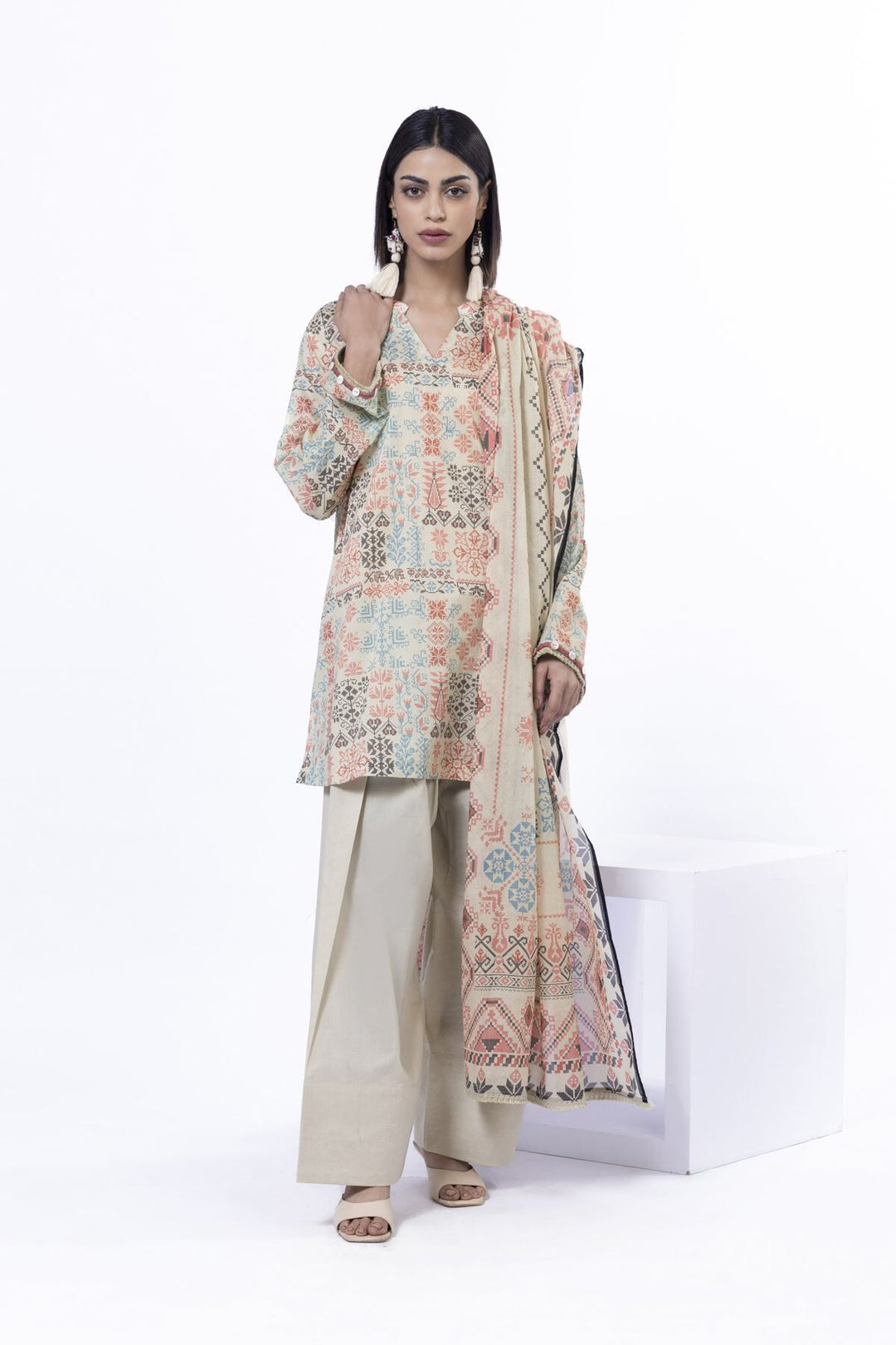 Lawn Beige Unstitched Suit - Khaadi