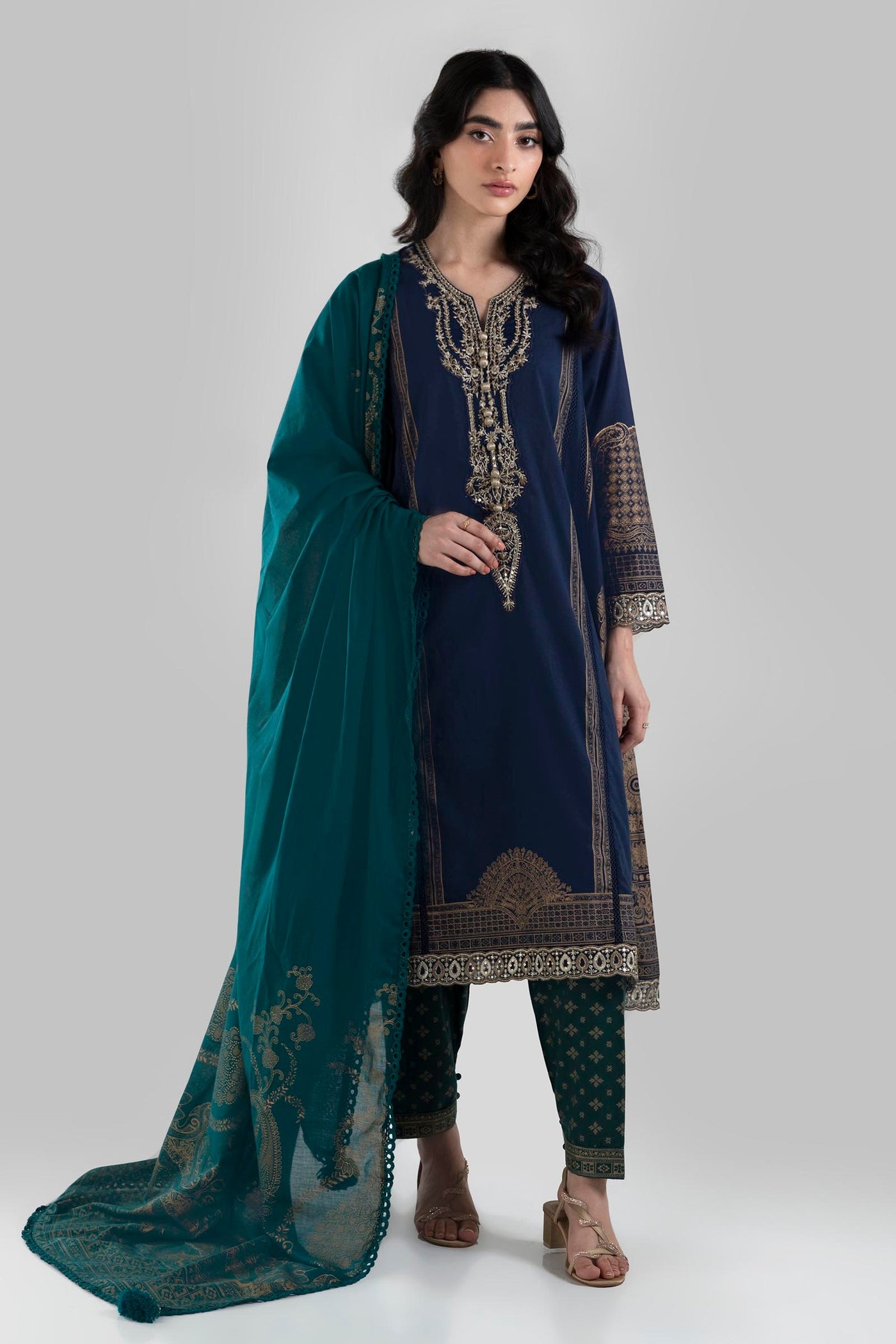 Lawn Navy Blue Stitched Suit - Sana Safinaz