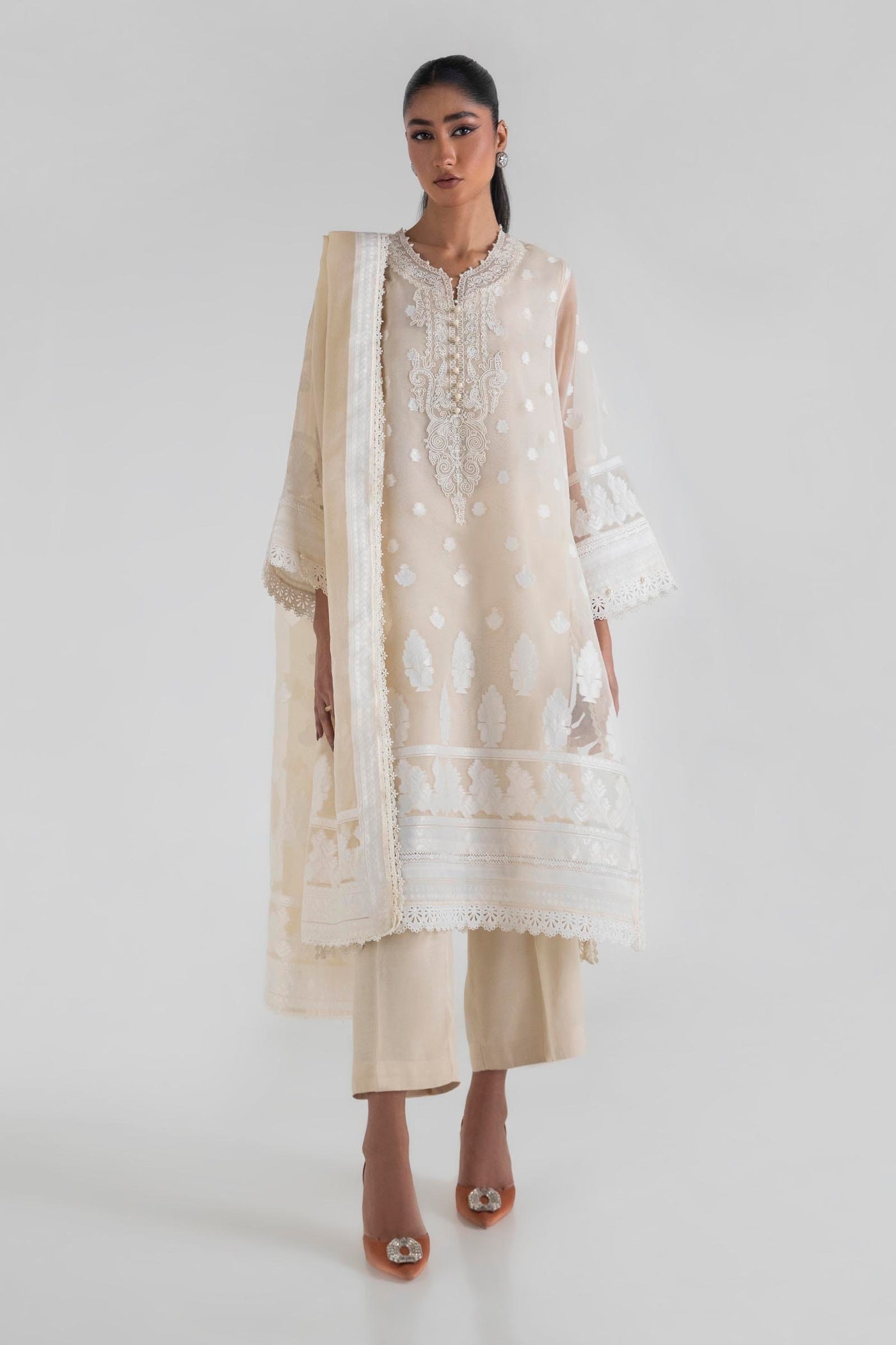 Yard Dyed Organza Beige Stitched Suit - Sana Safinaz