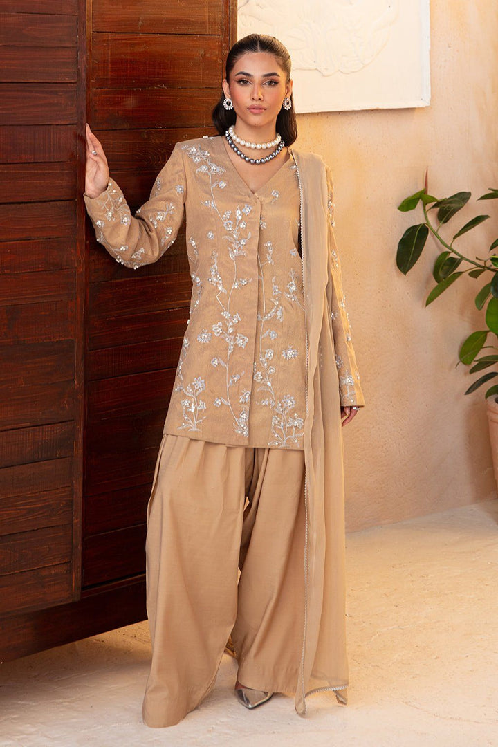 Embroidered Raw Silk Mustard Stitched Suit - Vanya