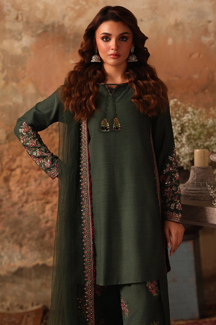 Embroidered Raw Silk Green Stitched Suit - Charizma