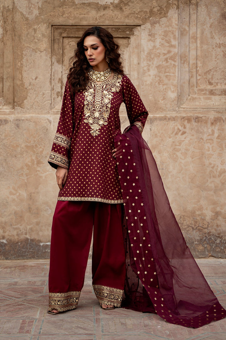 Embroidered Silk Maroon Stitched Suit - Charizma