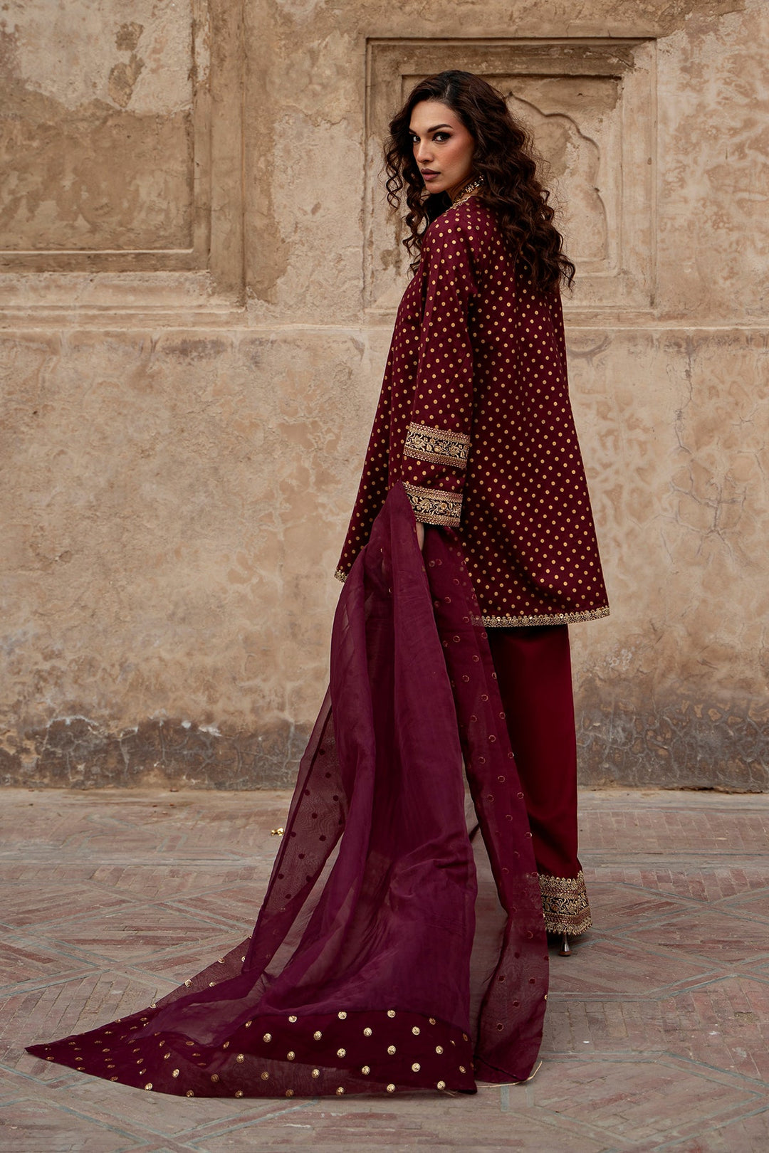 Embroidered Silk Maroon Stitched Suit - Charizma