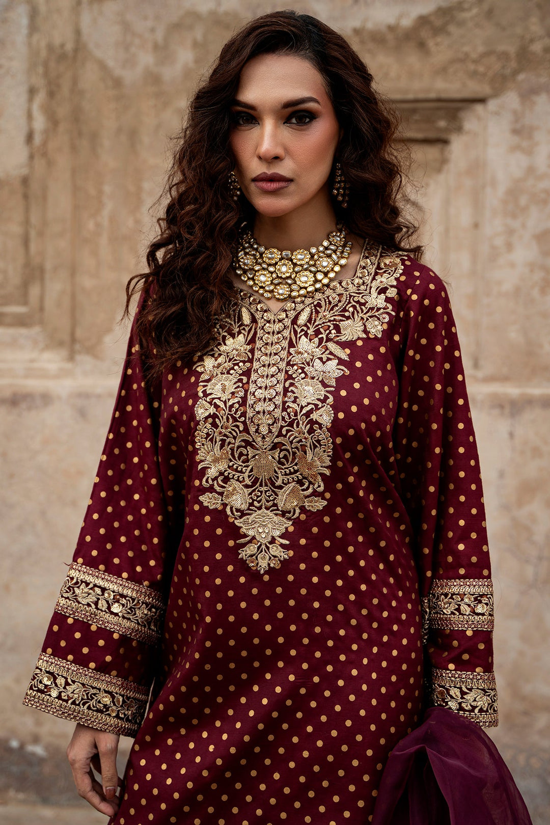Embroidered Silk Maroon Stitched Suit - Charizma