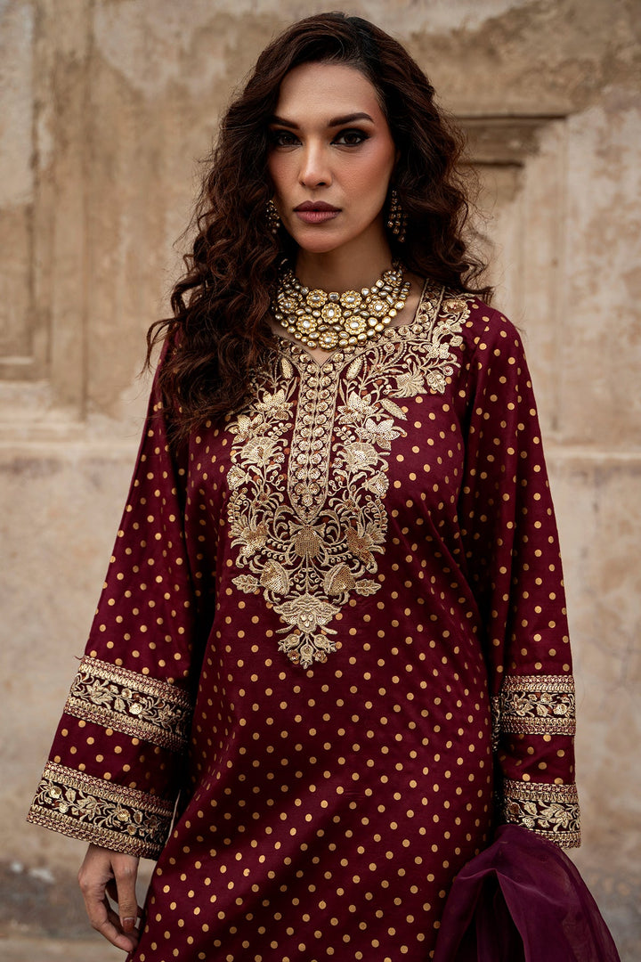 Embroidered Silk Maroon Stitched Suit - Charizma
