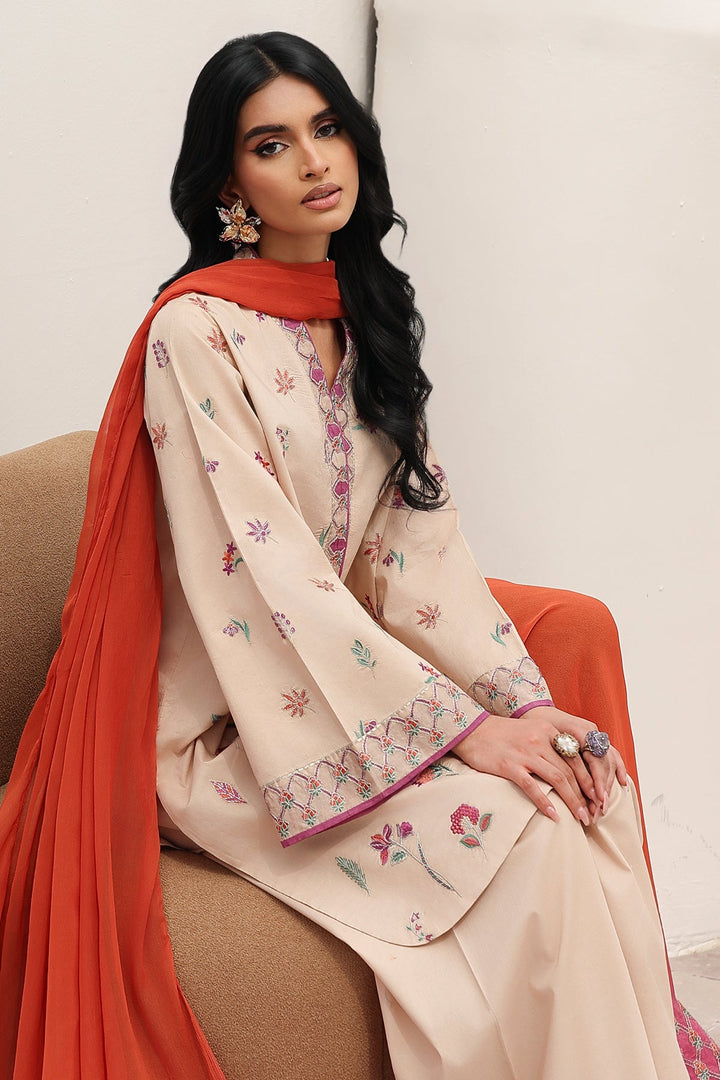 Embroidered Lawn Beige Stitched Suit - Charizma