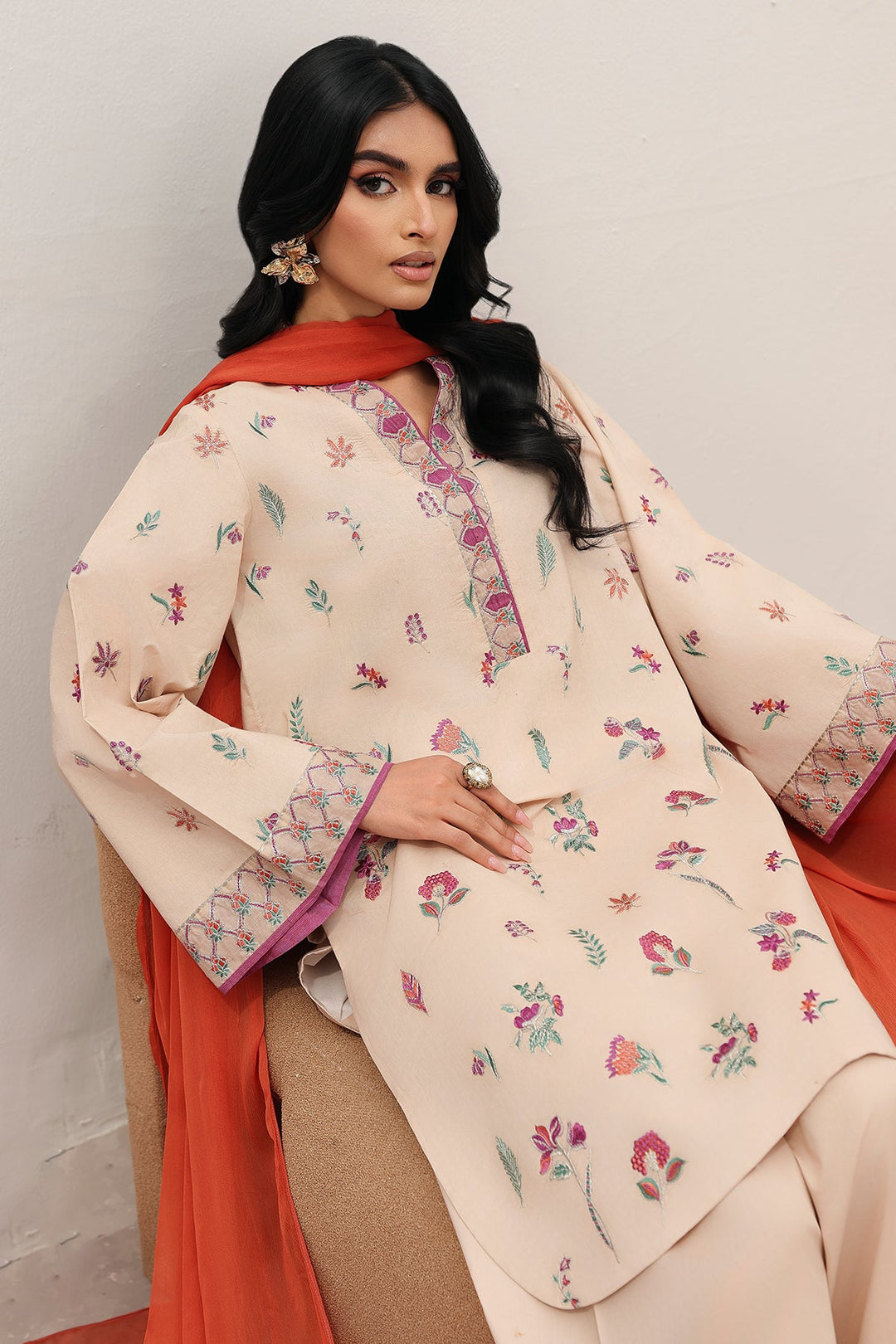 Embroidered Lawn Beige Stitched Suit - Charizma