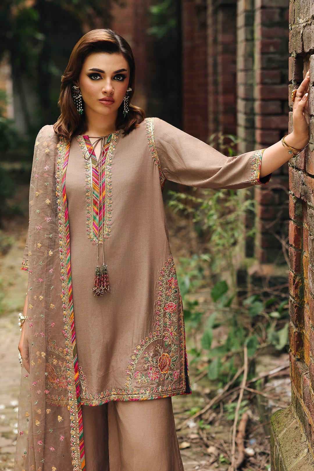Embroidered Raw Silk Brown Stitched Suit - Charizma